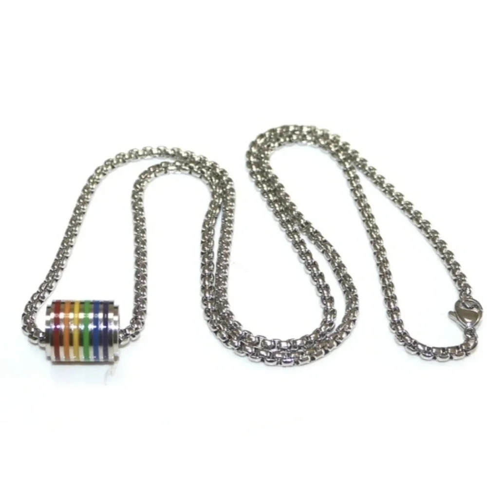Colorful enameled rainbow on metal pendant rolo chain necklace, LGBTQ+, Pride